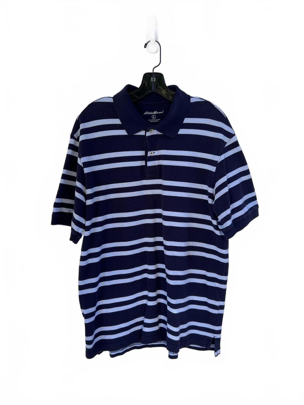 Eddie Bauer Navy and Light Blue Striped Short Sleeve Polo Shirt Size Large